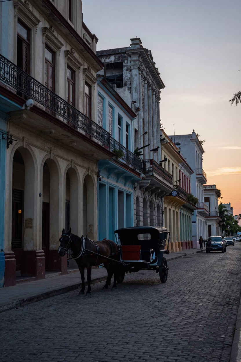 Havana Cuba Pre-Dawn Street Scene With Art Deco Facade And Horse Drawn Cart in in Havana, Cuba