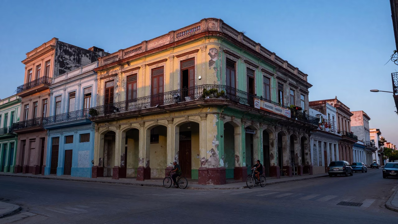 Havana Cuba Pre-Dawn Street Scene with Bicycle and Bakery in in Havana, Cuba