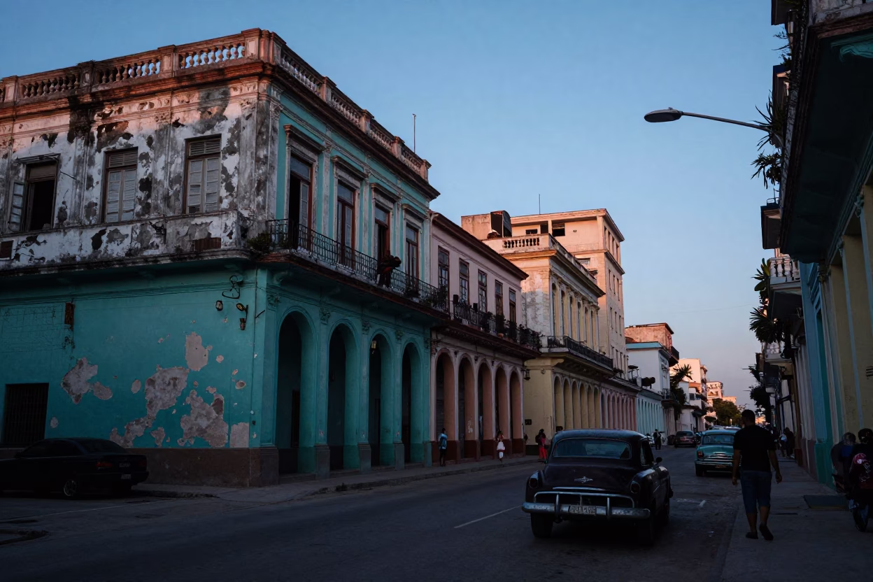 Havana Cuba Pre-Dawn Street Scene with Colorful Architecture and Local Life in in Havana, Cuba