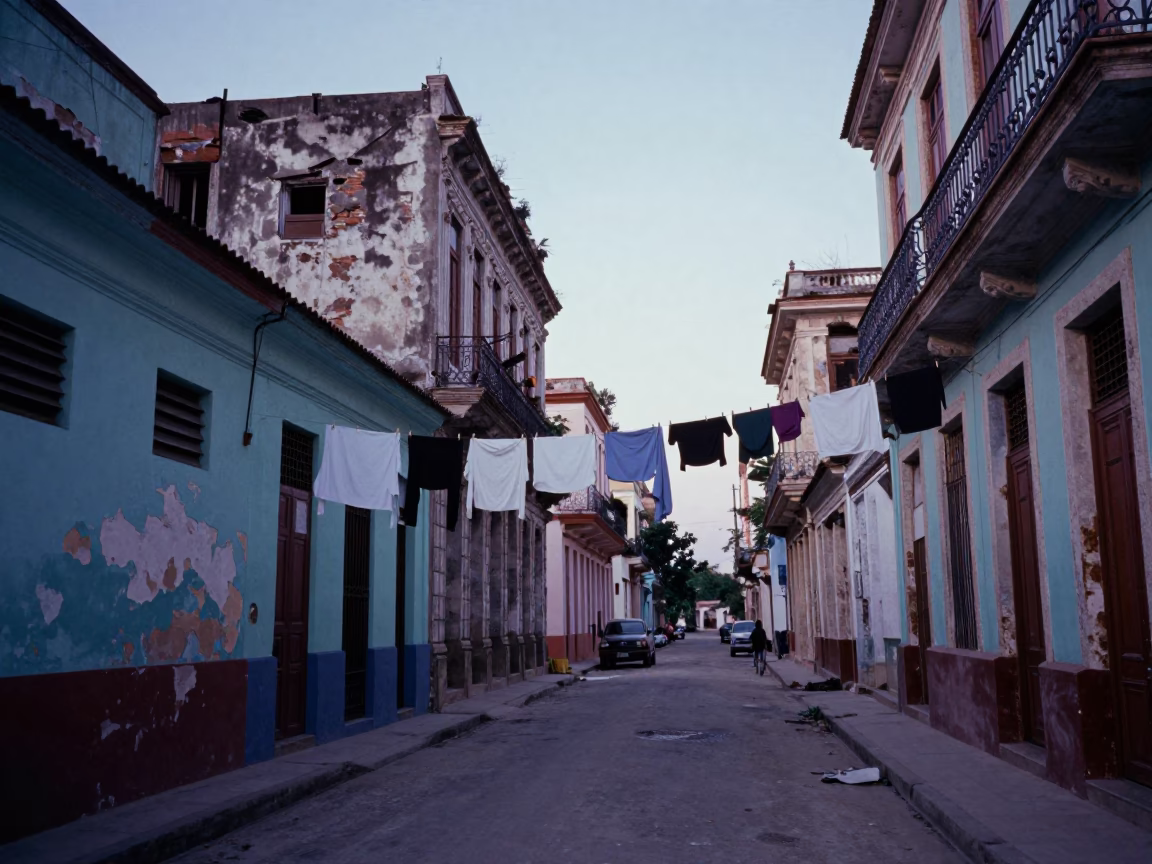 Havana Cuba Pre-Dawn Street Scene With Laundry Pins And Peeling Colonial Architecture in in Havana, Cuba