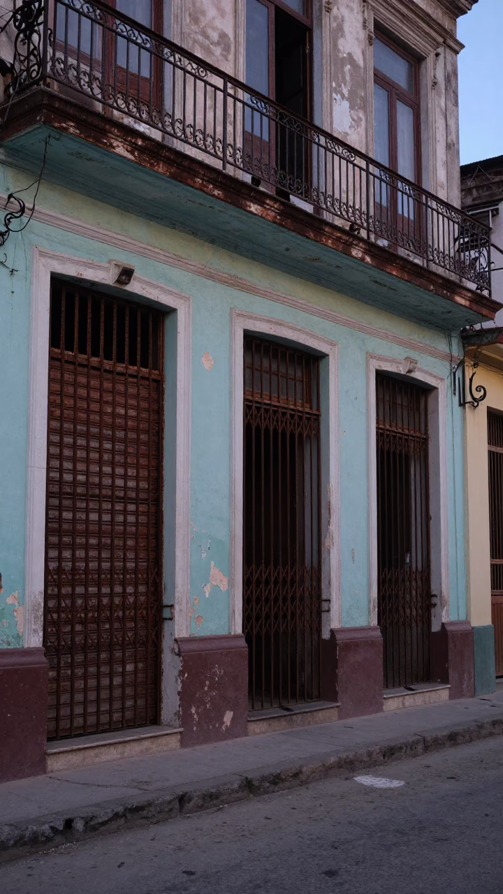 Havana Cuba Pre-Dawn Street Scene With Rusty Metal Shutters And Old Bicycle in in Havana, Cuba