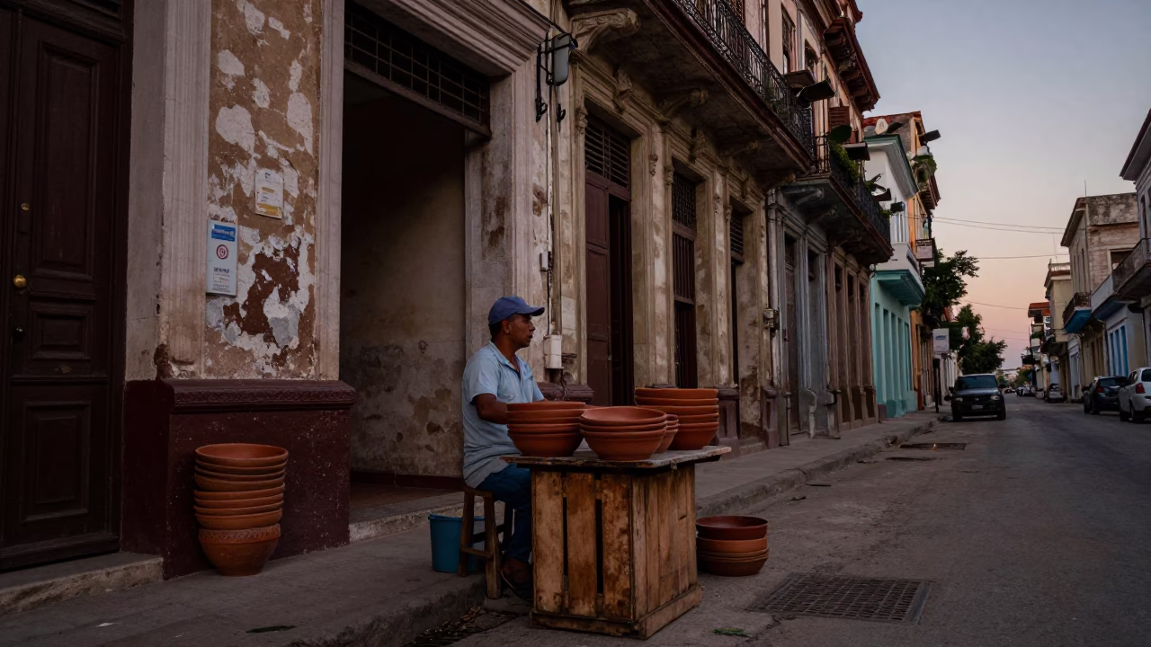 Havana Cuba Pre-Dawn Street Scene with Terracotta Bowls and Urban Decay in in Havana, Cuba