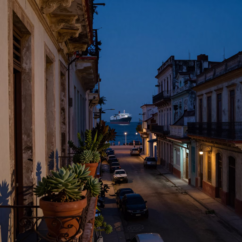 Havana Cuba Predawn Street Scene with Cargo Ship Horizon and Succulent Pots in in Havana, Cuba