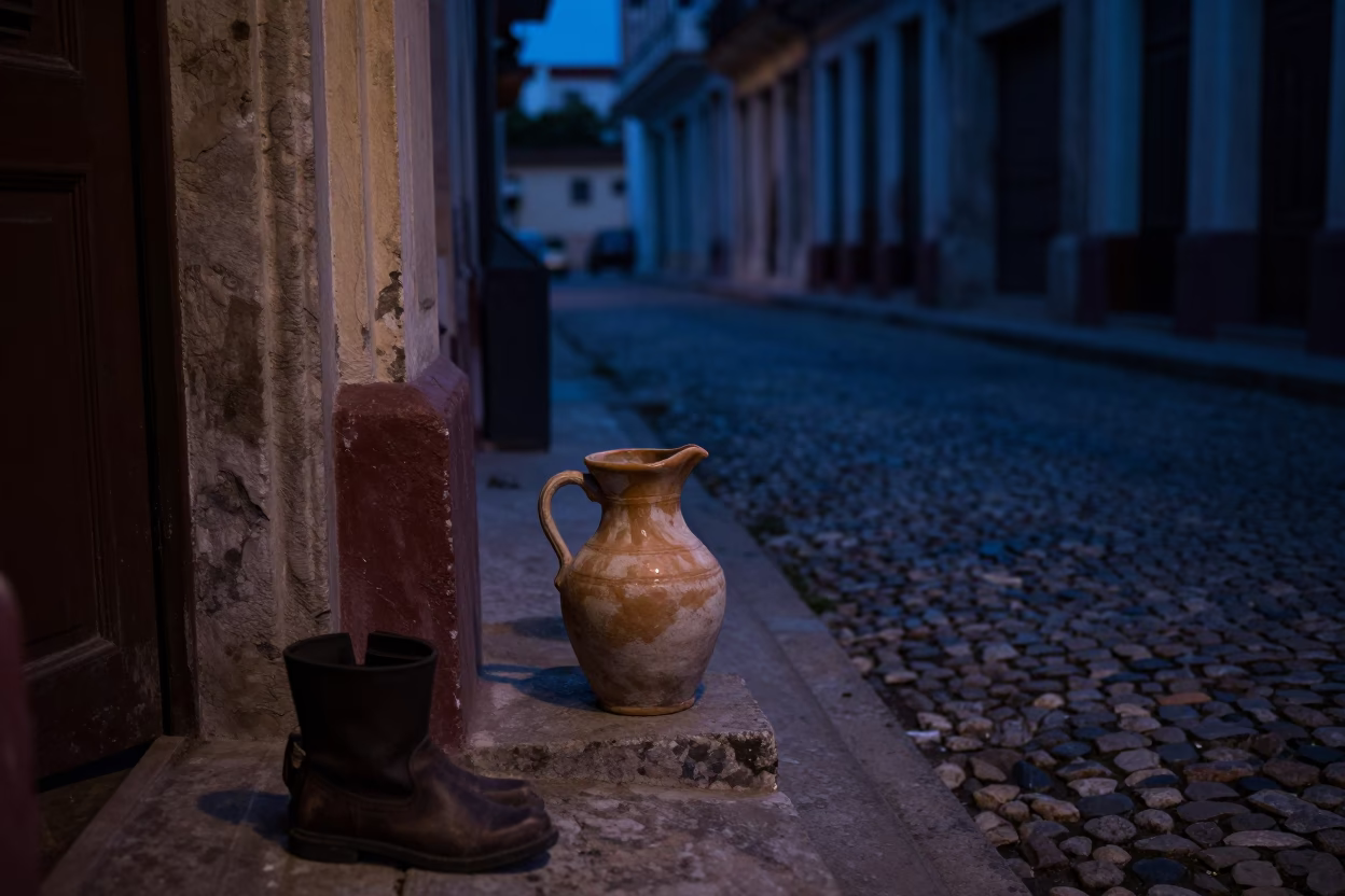 Havana Cuba predawn street scene with ceramic pitcher and boot scraper in in Havana, Cuba