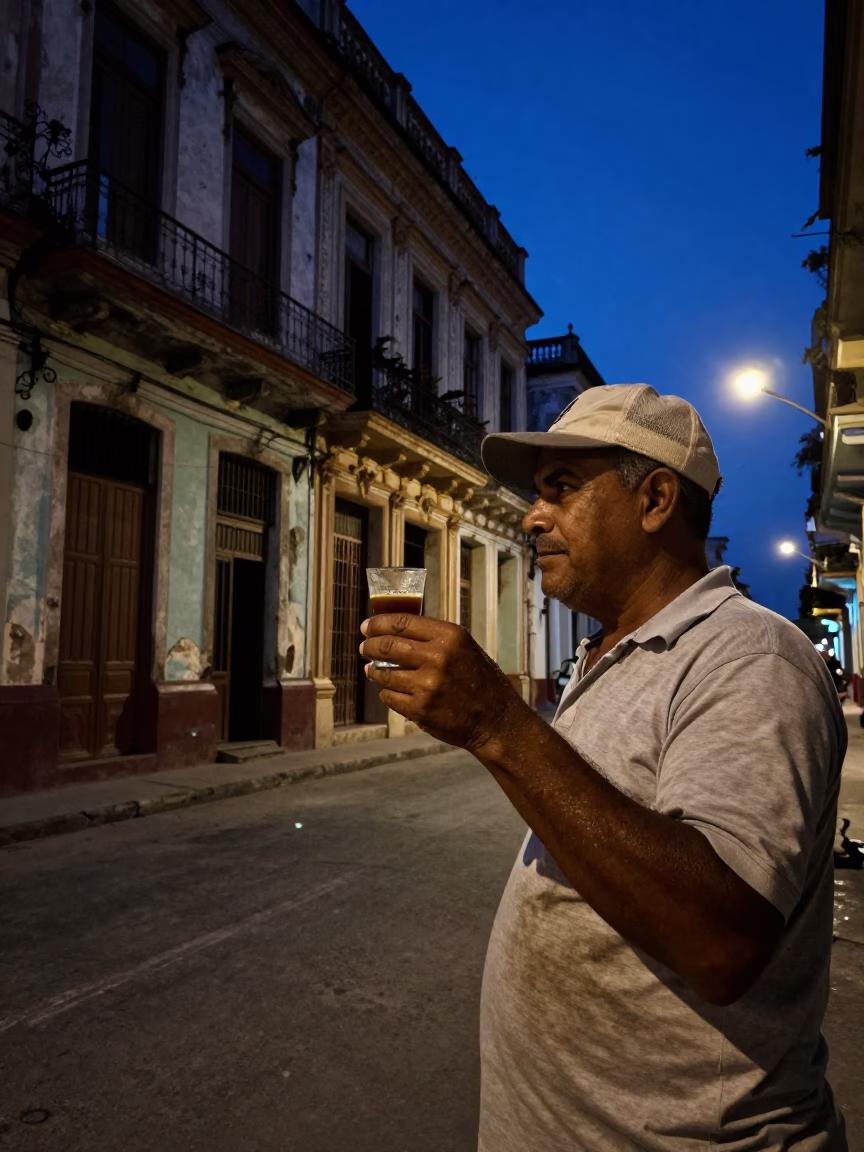 Havana Cuba Predawn Street Scene with Glass Tumbler and Dim Lighting in in Havana, Cuba