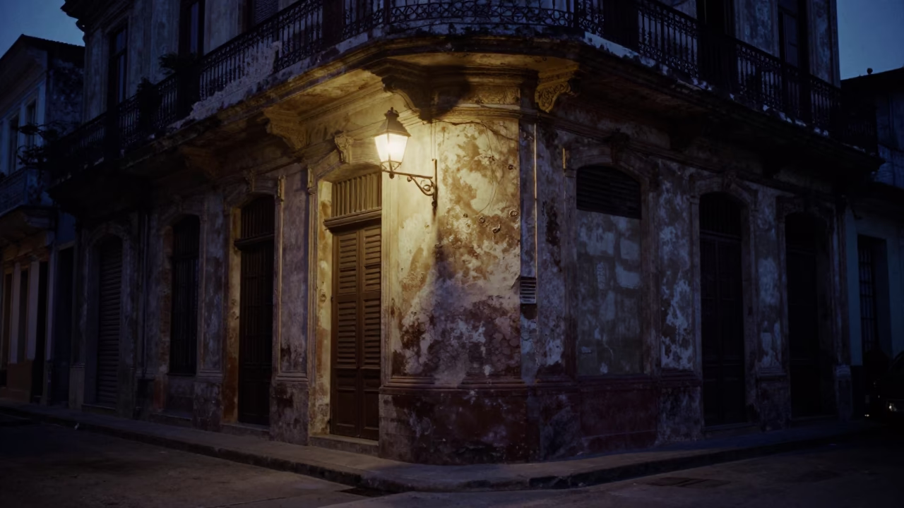 Havana Cuba Predawn Street Scene with Lantern and Wall Dust in in Havana, Cuba