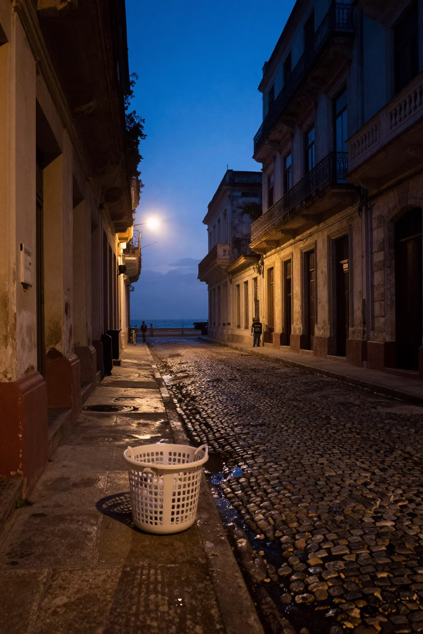 Havana Cuba predawn street scene with laundry basket and coastal mist in in Havana, Cuba