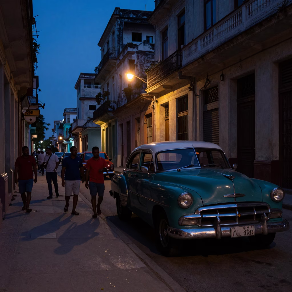 Havana Cuba predawn street scene with locals and vintage car grease sheen in in Havana, Cuba