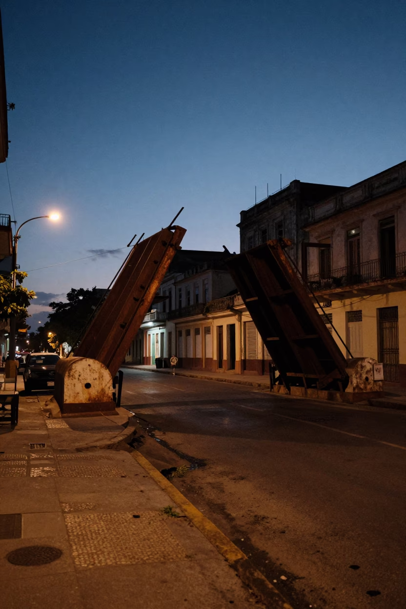 Havana Cuba Predawn Street Scene With Rusted Drawbridge and Local Morning Activity in in Havana, Cuba
