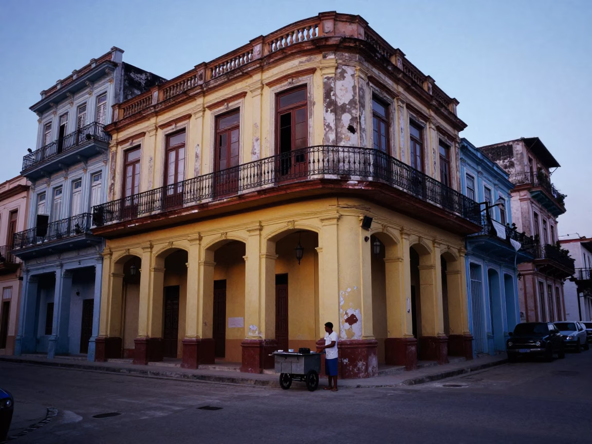 Havana Cuba street corner at dawn with colorful colonial buildings and locals in in Havana, Cuba
