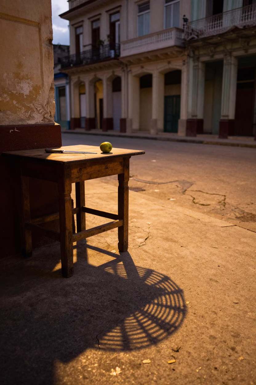 Havana Cuba street corner evening light wicker shadow and fruit knife on table in in Havana, Cuba