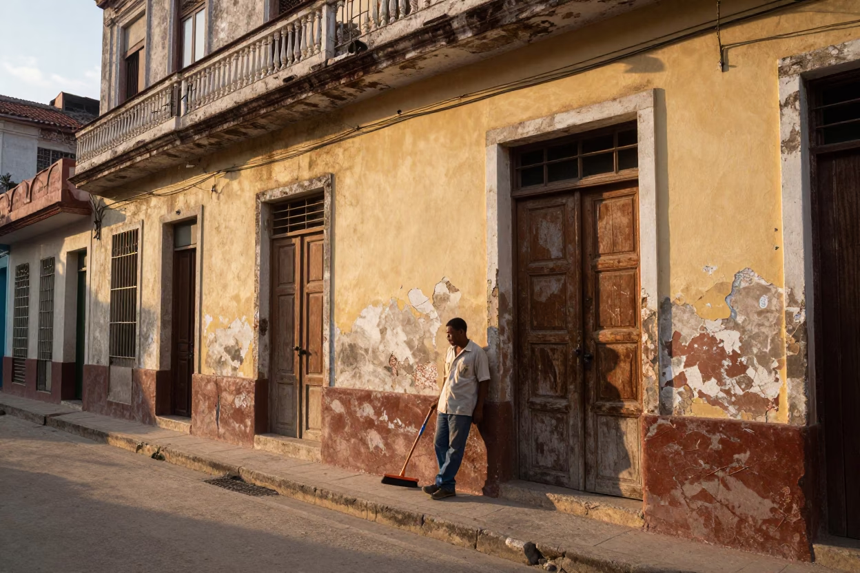 Havana Cuba Street Scene After Sunrise With Dust Brush And Local Activity in in Havana, Cuba