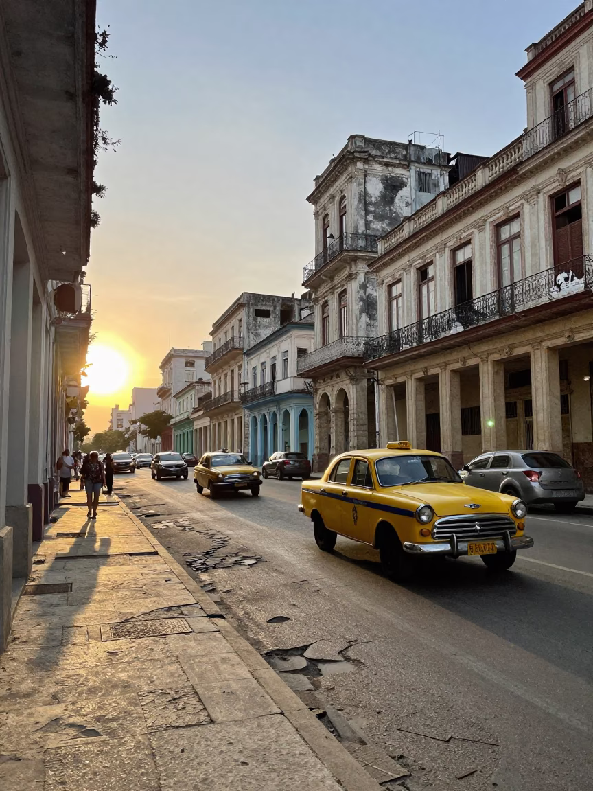 Havana Cuba Street Scene After Sunrise With Yellow Taxi And Ceramic Pitcher in in Havana, Cuba
