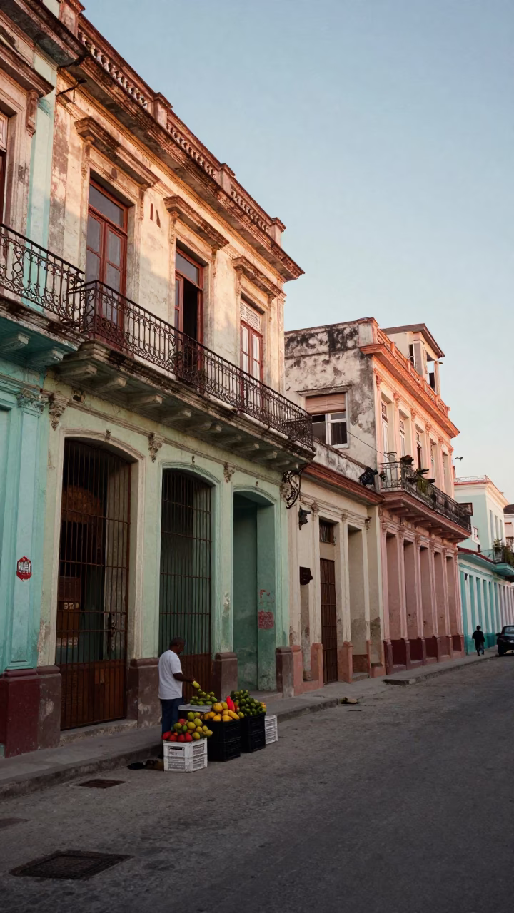 Havana Cuba Street Scene at Dawn with Weathered Architecture and Local Life in in Havana, Cuba