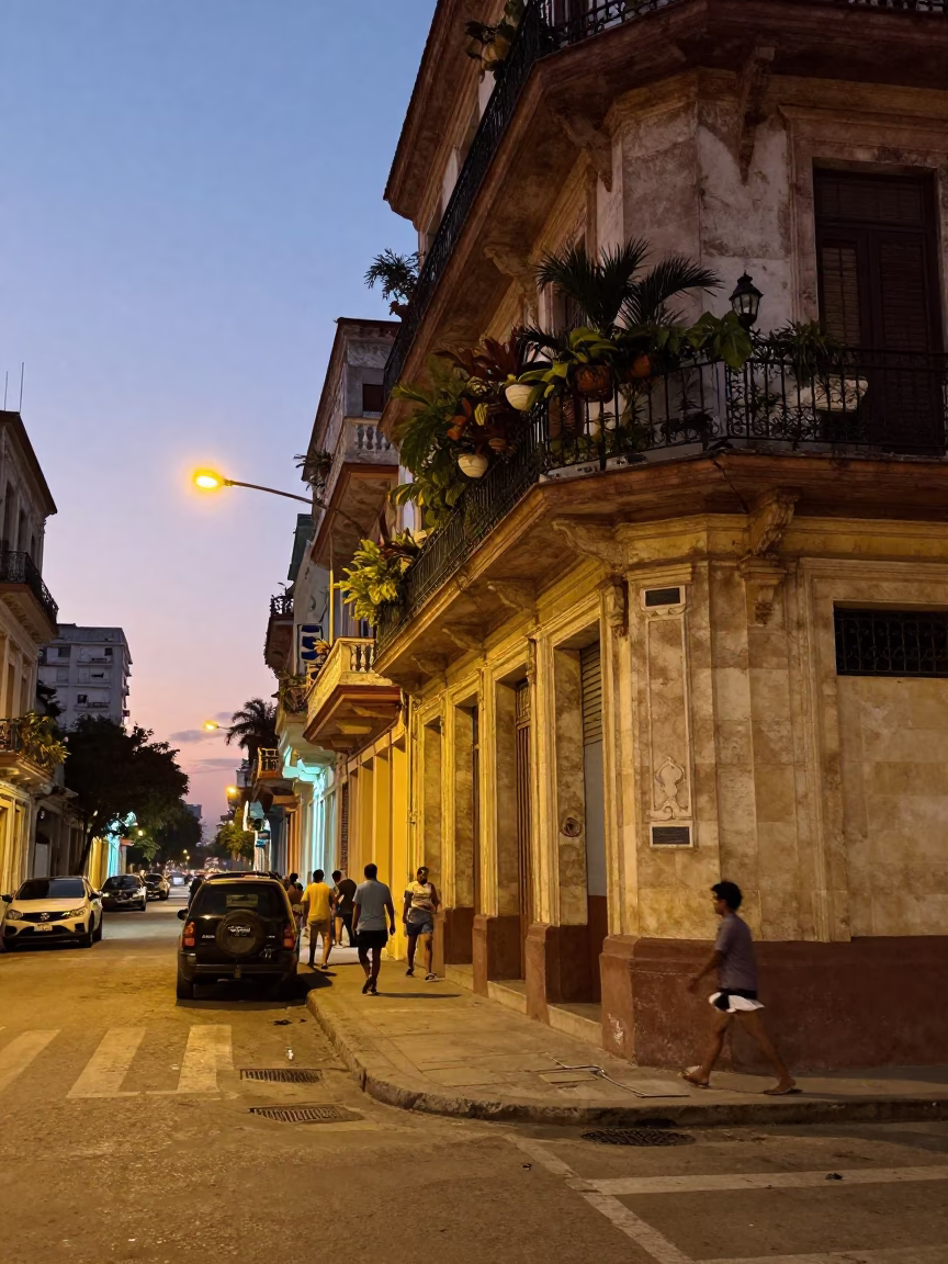 Havana Cuba Street Scene at Dusk with Balcony Herbs and Local Life in in Havana, Cuba