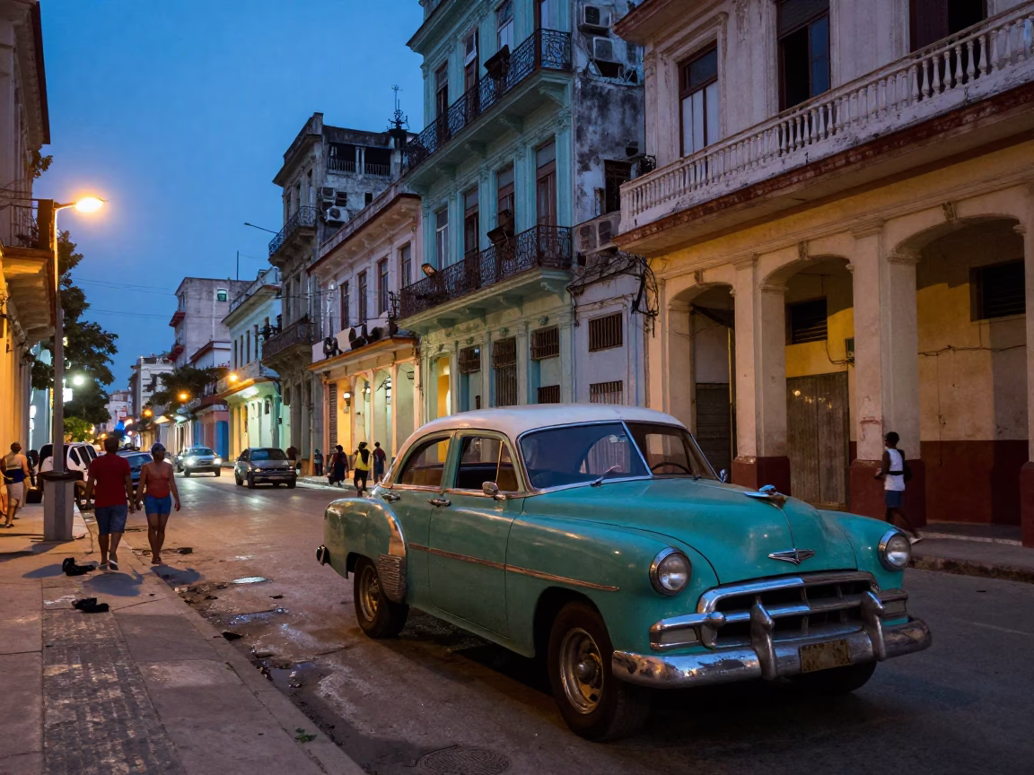 Havana Cuba Street Scene at Dusk with Vintage American Car and Colorful Colonial Architecture in in Havana, Cuba