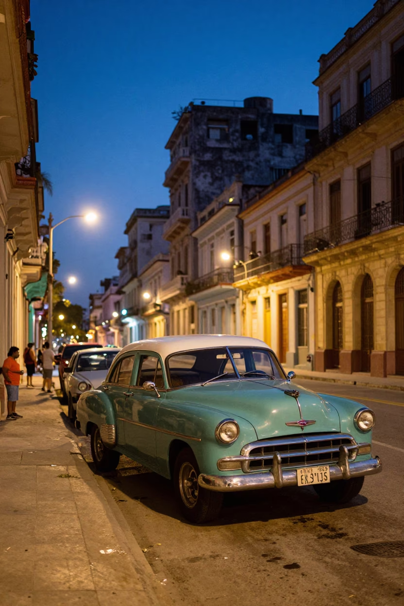 Havana Cuba Street Scene at Dusk with Vintage Car and Colonial Architecture in in Havana, Cuba