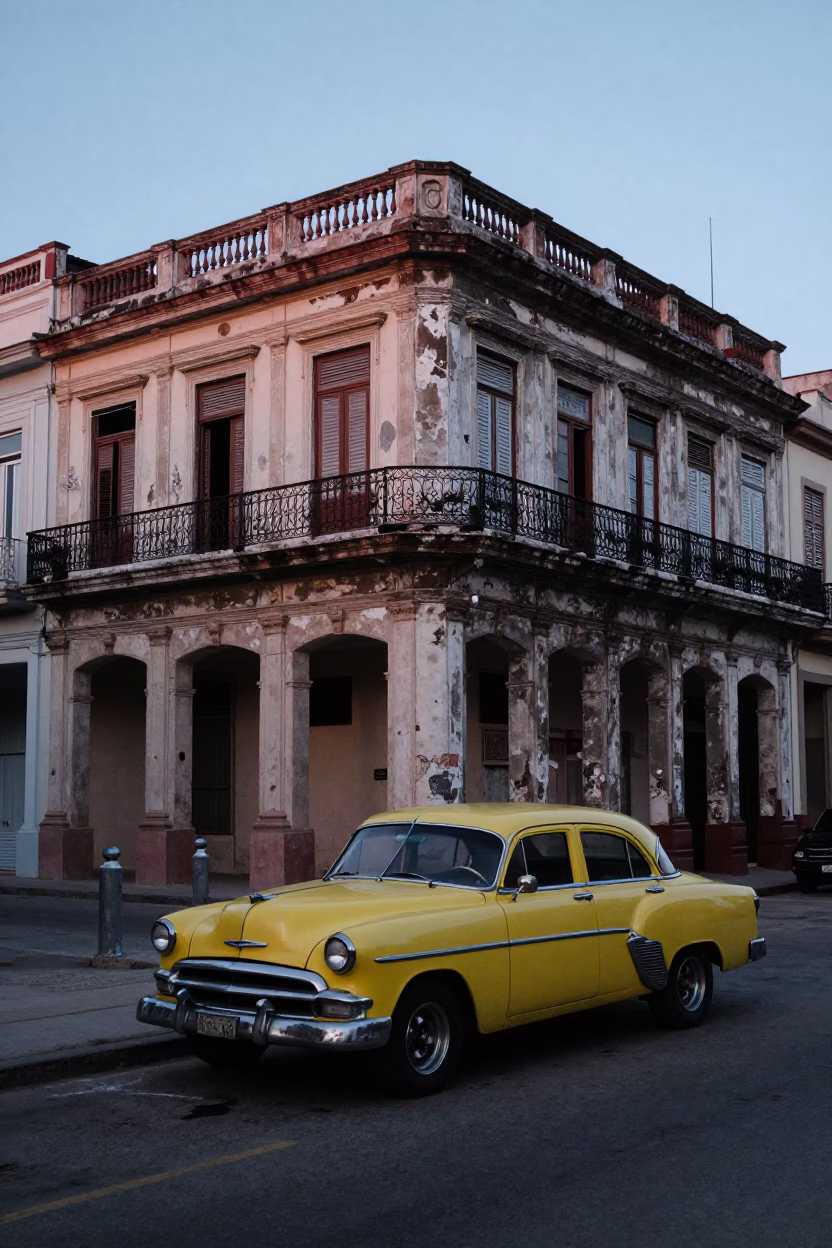 Havana Cuba Street Scene at Nautical Dawn with Vintage Car and Local Life in in Havana, Cuba