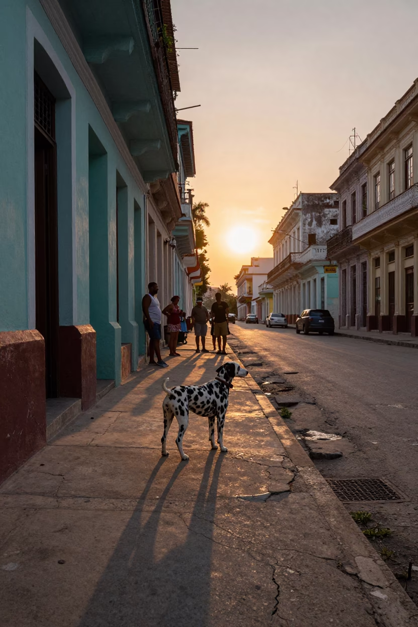 Havana Cuba street scene at sunset with Dalmatian dog and worn plaster walls in in Havana, Cuba