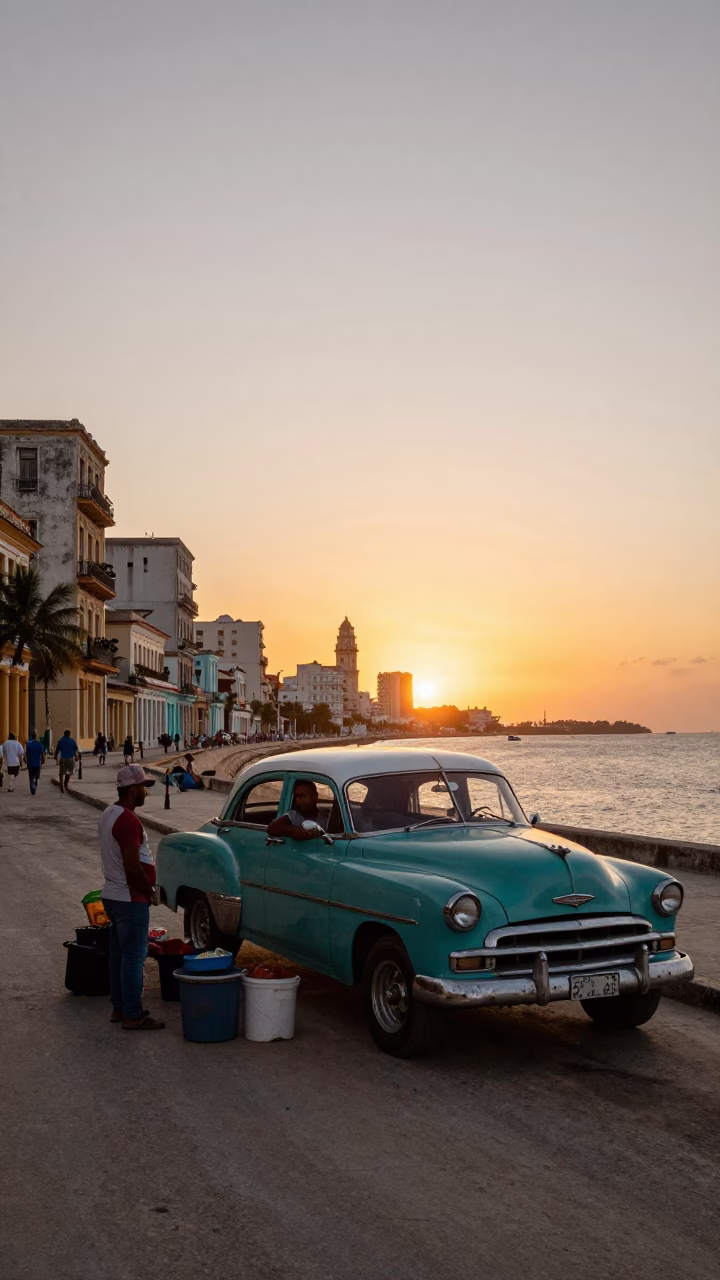 Havana Cuba Street Scene at Sunset with Local Vendor and Vintage Car in in Havana, Cuba