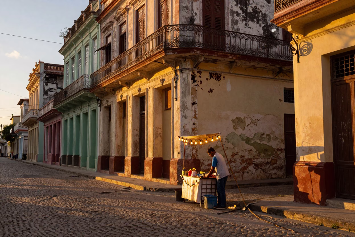 Havana Cuba Street Scene at Sunset with String Lights and Local Life in in Havana, Cuba