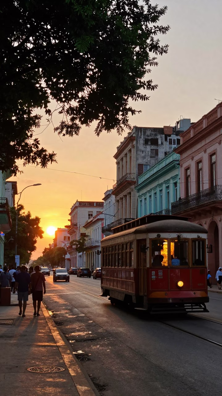 Havana Cuba Street Scene at Sunset with Tramcar and Local Life in in Havana, Cuba