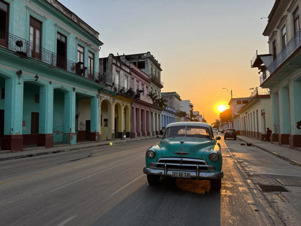Havana Cuba street scene at sunset with vintage car and colonial architecture in in Havana, Cuba