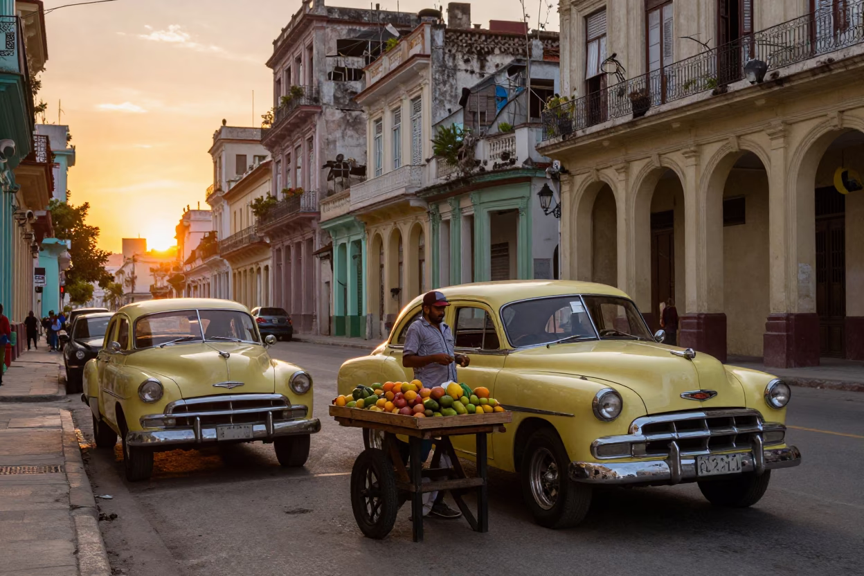 Havana Cuba Street Scene at Sunset with Vintage Car and Local Market in in Havana, Cuba