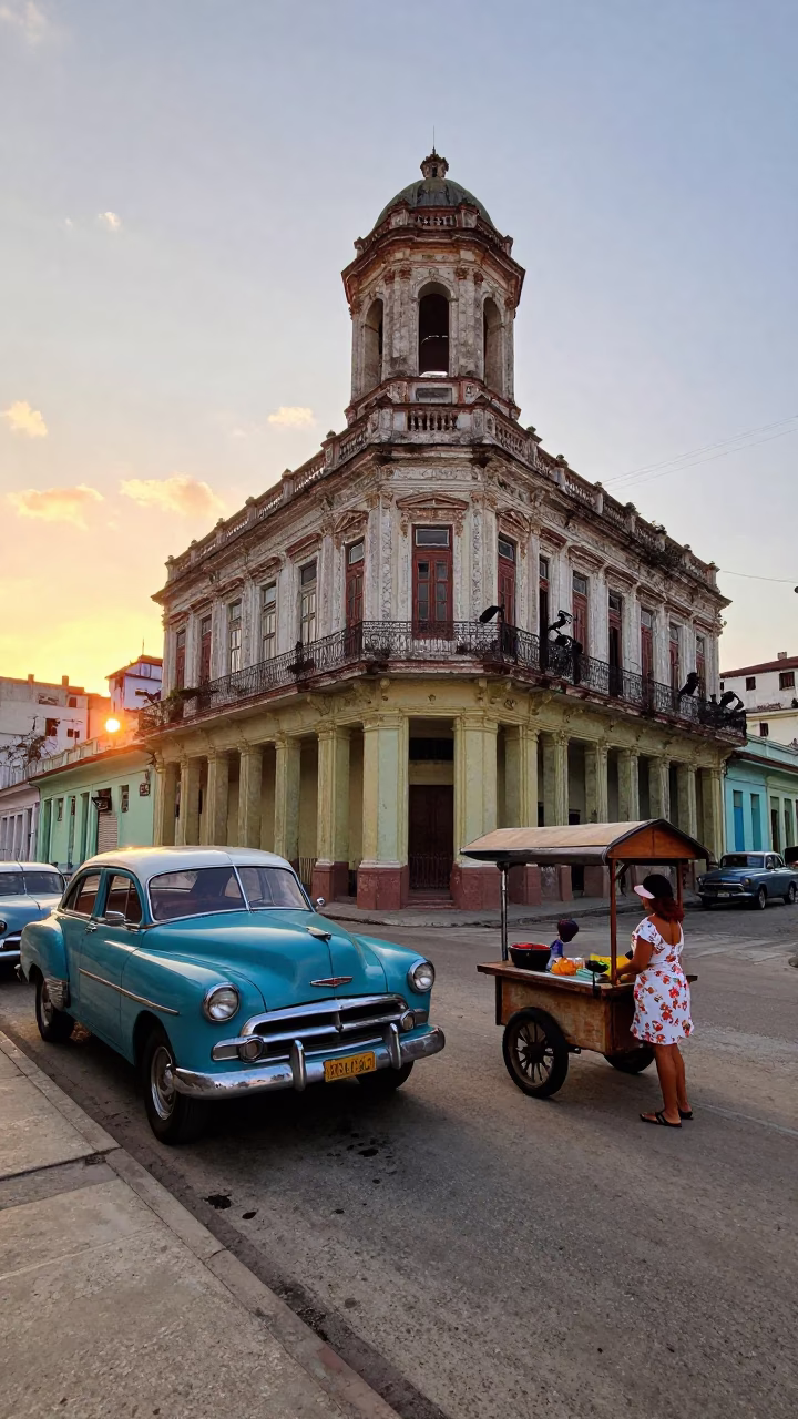 Havana Cuba Street Scene at Sunset with Vintage Cars and Local Life in in Havana, Cuba