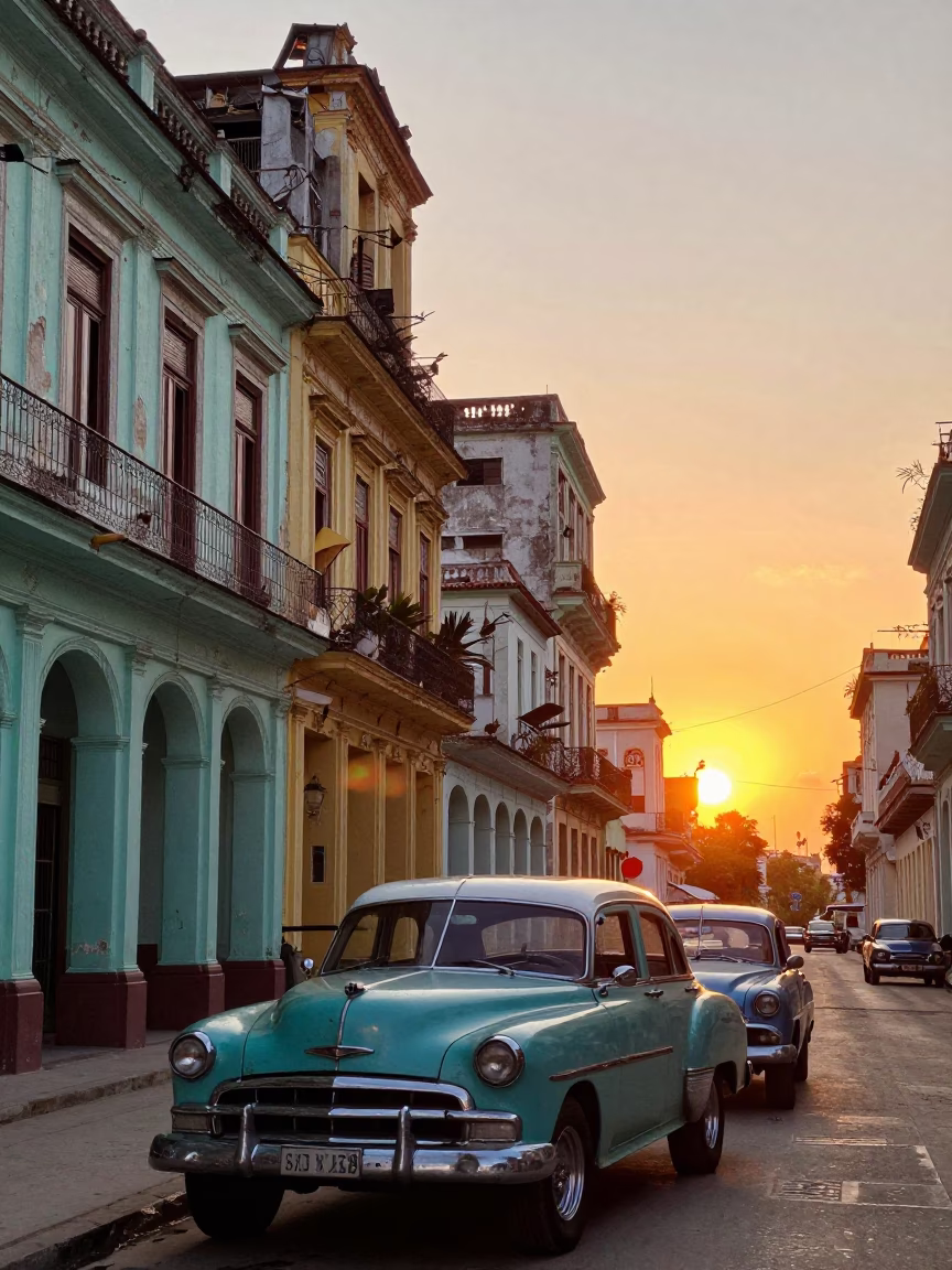 Havana Cuba Street Scene at Sunset with Vintage Cars and Terracotta Pots in in Havana, Cuba