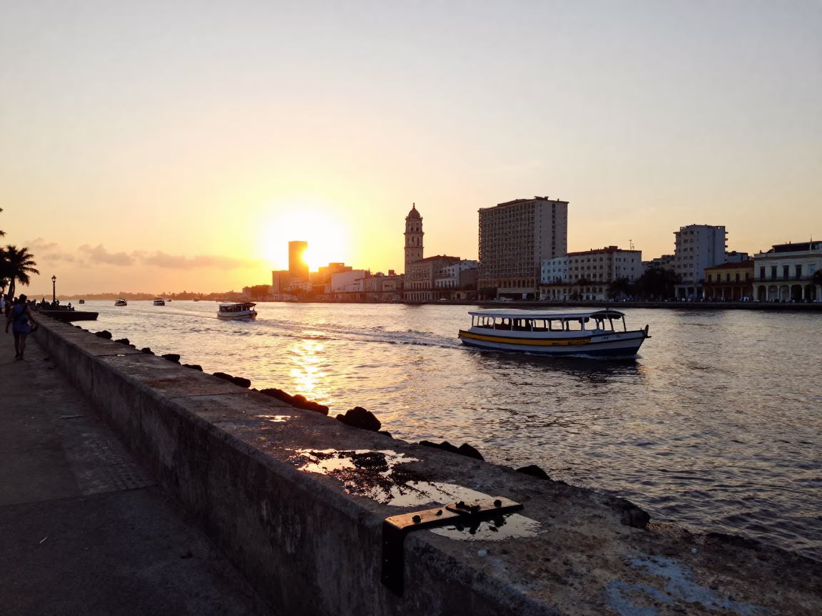 Havana Cuba Street Scene at Sunset with Water Taxi and Canal Houseboats in in Havana, Cuba