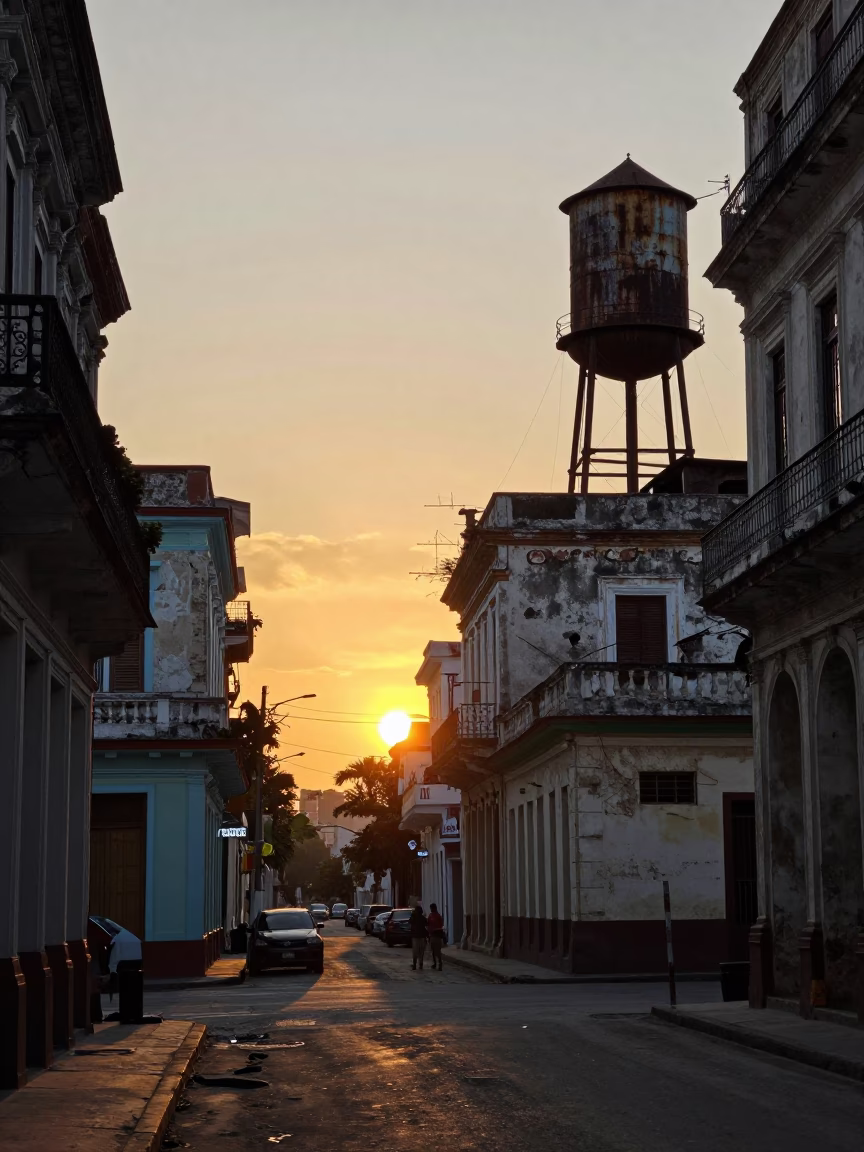 Havana Cuba Street Scene at Sunset with Water Tower and Urban Decay in in Havana, Cuba