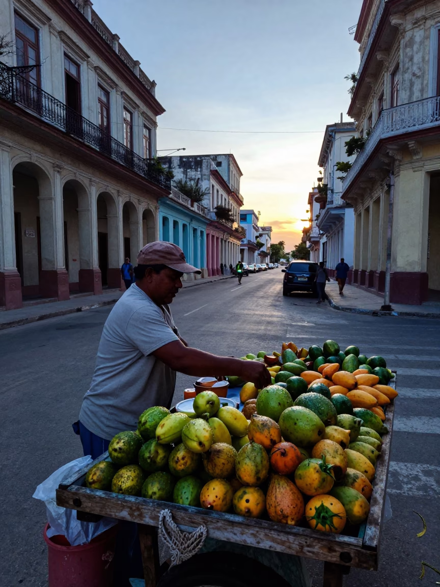 Havana Cuba Street Scene Before Dawn With Local Vendor And Vintage Car in in Havana, Cuba
