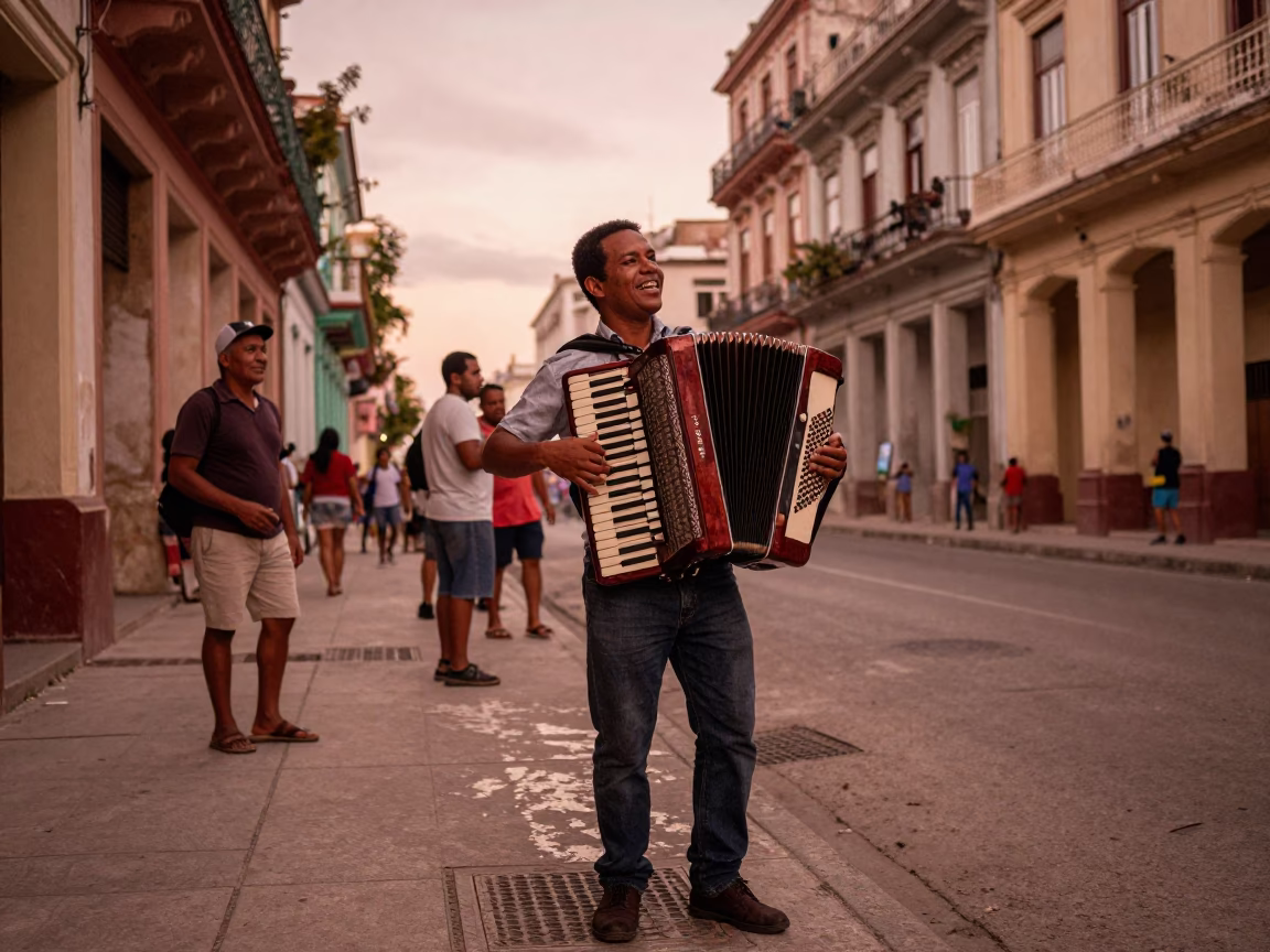 Havana Cuba Street Scene Before Dusk with Accordion Player and Sun Stripe in in Havana, Cuba