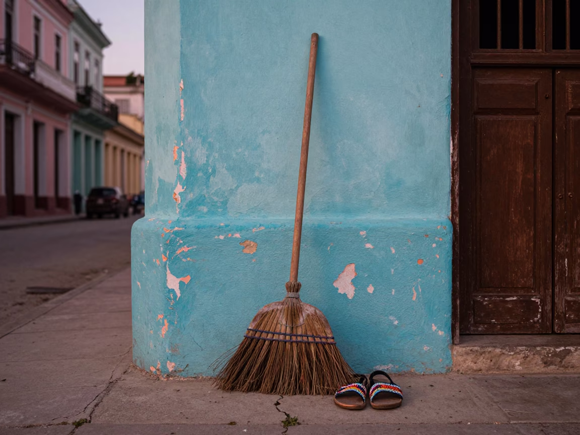 Havana Cuba Street Scene Before Dusk with Hand Broom and Beaded Sandals in in Havana, Cuba
