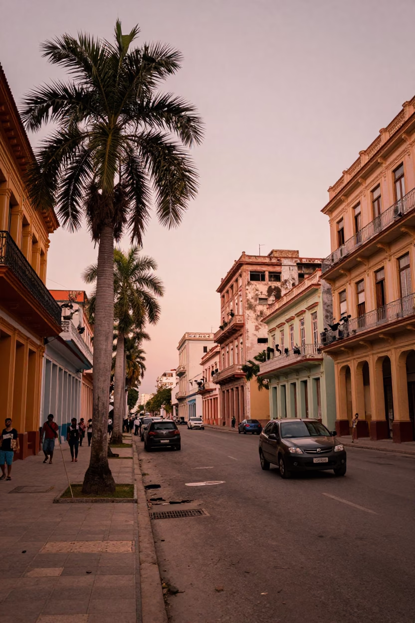 Havana Cuba Street Scene Before Dusk with Palm Avenue and Local Life in in Havana, Cuba