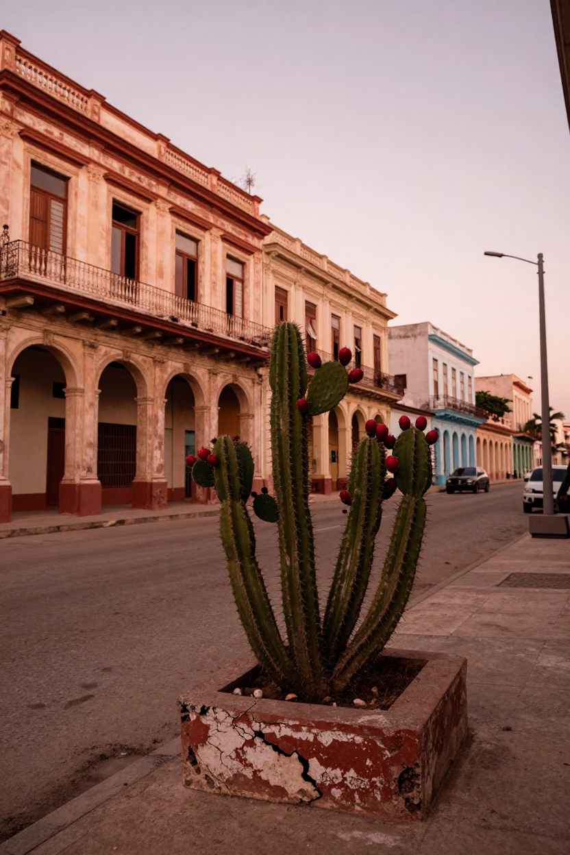 Havana Cuba Street Scene Before Dusk with Prickly Pear Cactus and Red Fruit in in Havana, Cuba