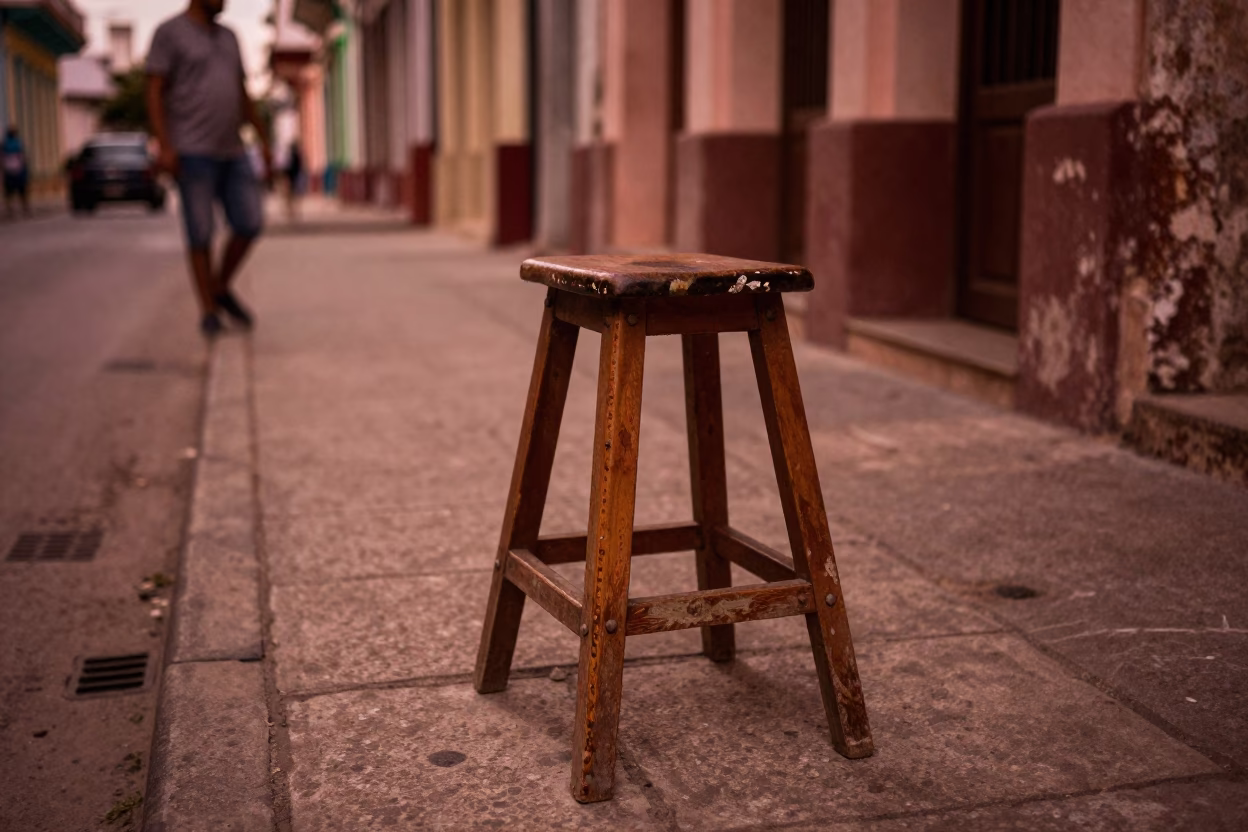 Havana Cuba Street Scene Before Dusk with Vintage Work Stool and Scattered Items in in Havana, Cuba