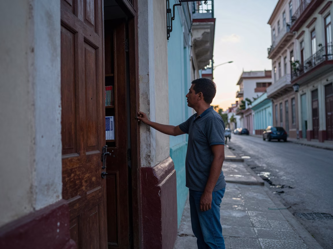 Havana Cuba Street Scene Before Sunrise Teacher Unlocking School Library Door in in Havana, Cuba
