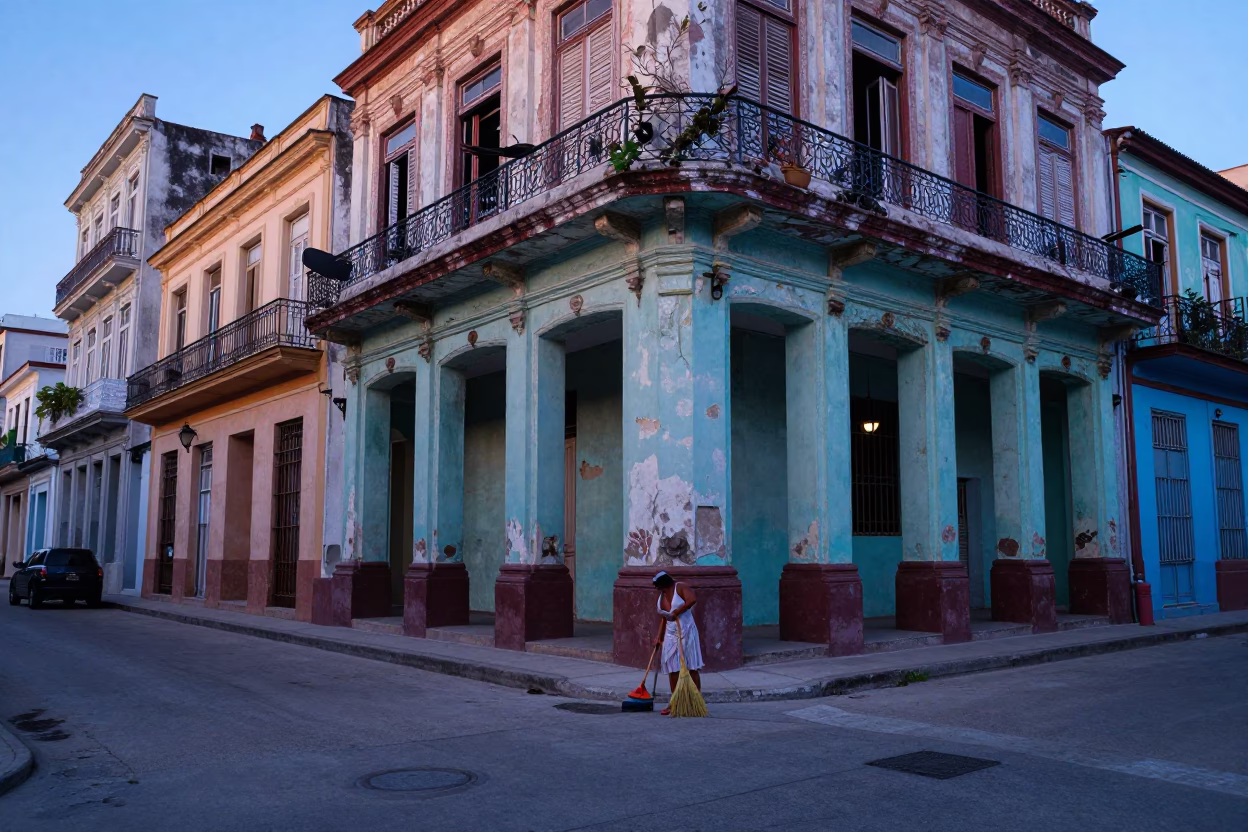 Havana Cuba Street Scene Before Sunrise With Colorful Architecture And Local Life in in Havana, Cuba