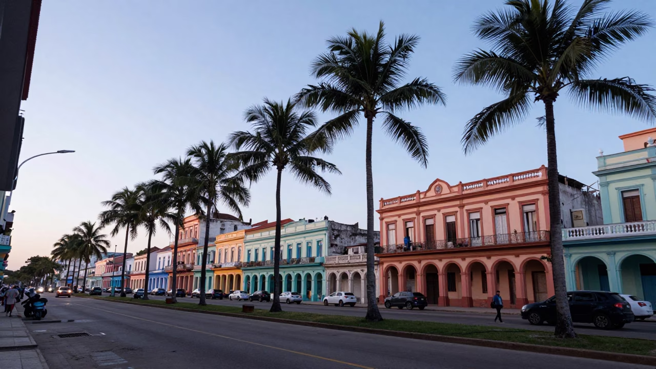 Havana Cuba Street Scene Before Sunrise with Palm Trees and Vintage Tram in in Havana, Cuba