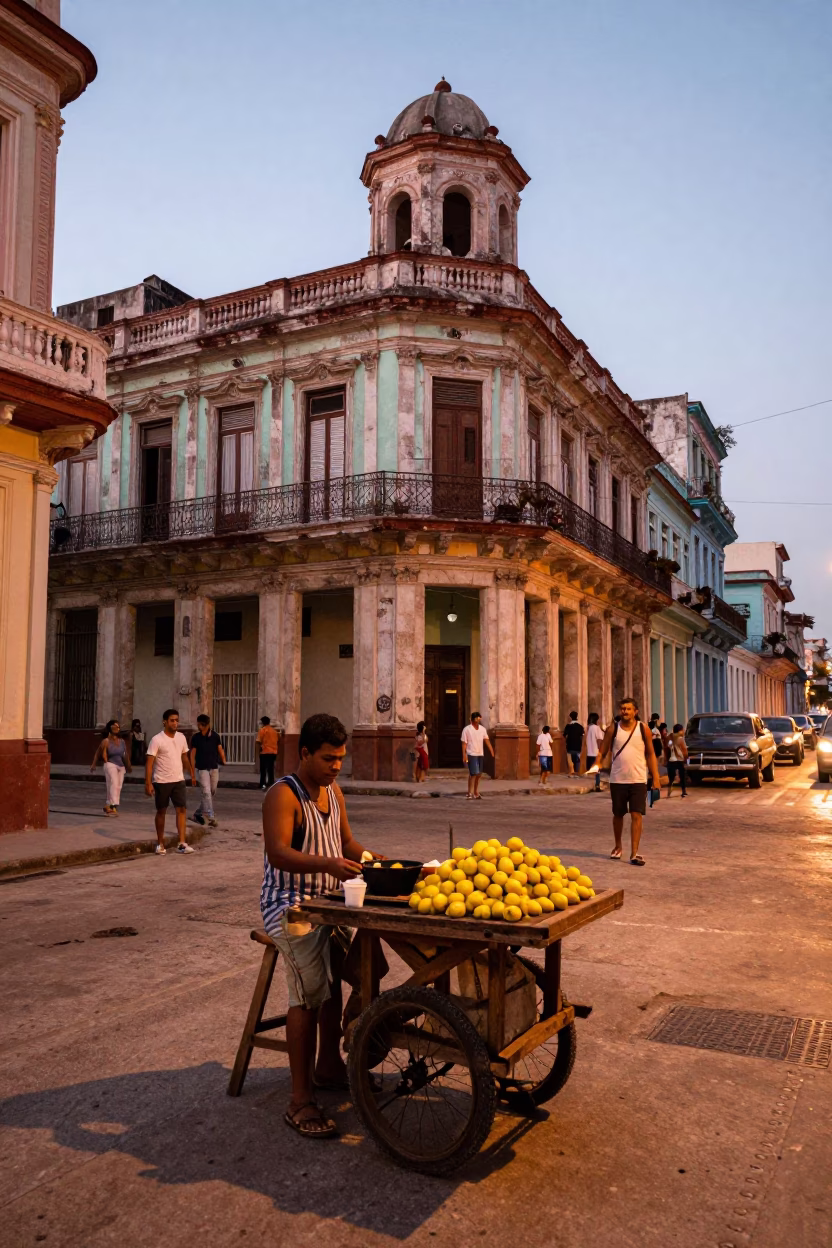 Havana Cuba Street Scene Copper Dusk Light with Lemons and Table Fan in in Havana, Cuba