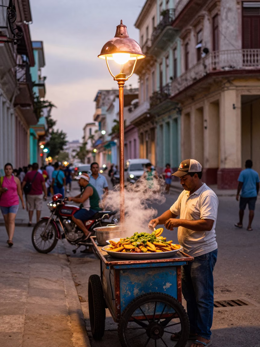 Havana Cuba Street Scene Copper Light Before Dusk with Chilaquiles and Ashtray in in Havana, Cuba