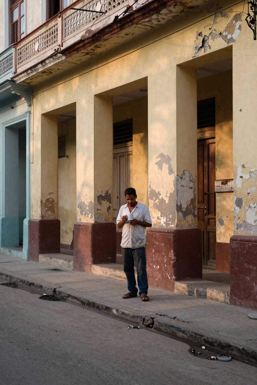 Havana Cuba street scene first light with coffee mugs and weathered bench in in Havana, Cuba