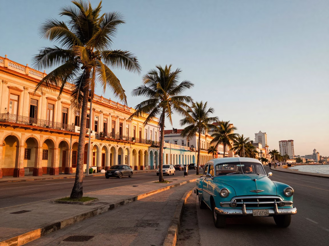 Havana Cuba Street Scene Golden Hour Palm Trees and Colorful Colonial Architecture in in Havana, Cuba