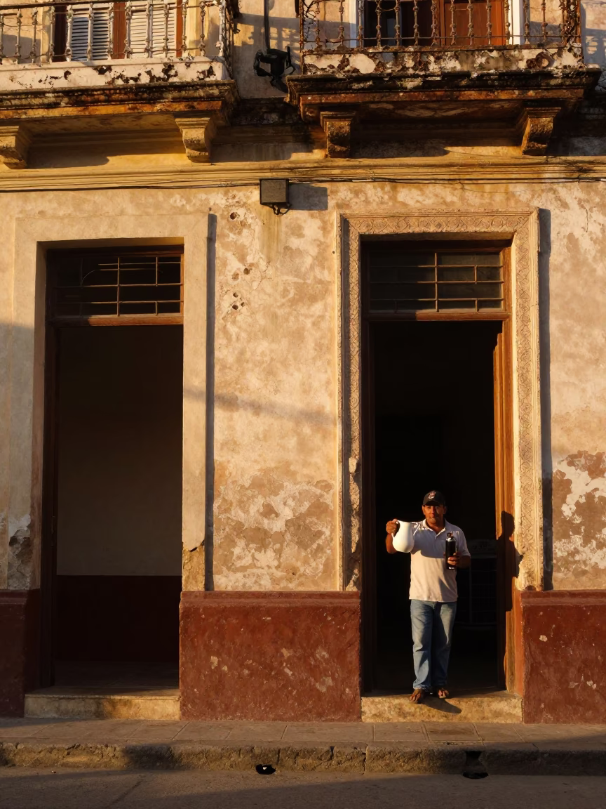 Havana Cuba Street Scene Golden Hour with Pitcher and Thermos in in Havana, Cuba