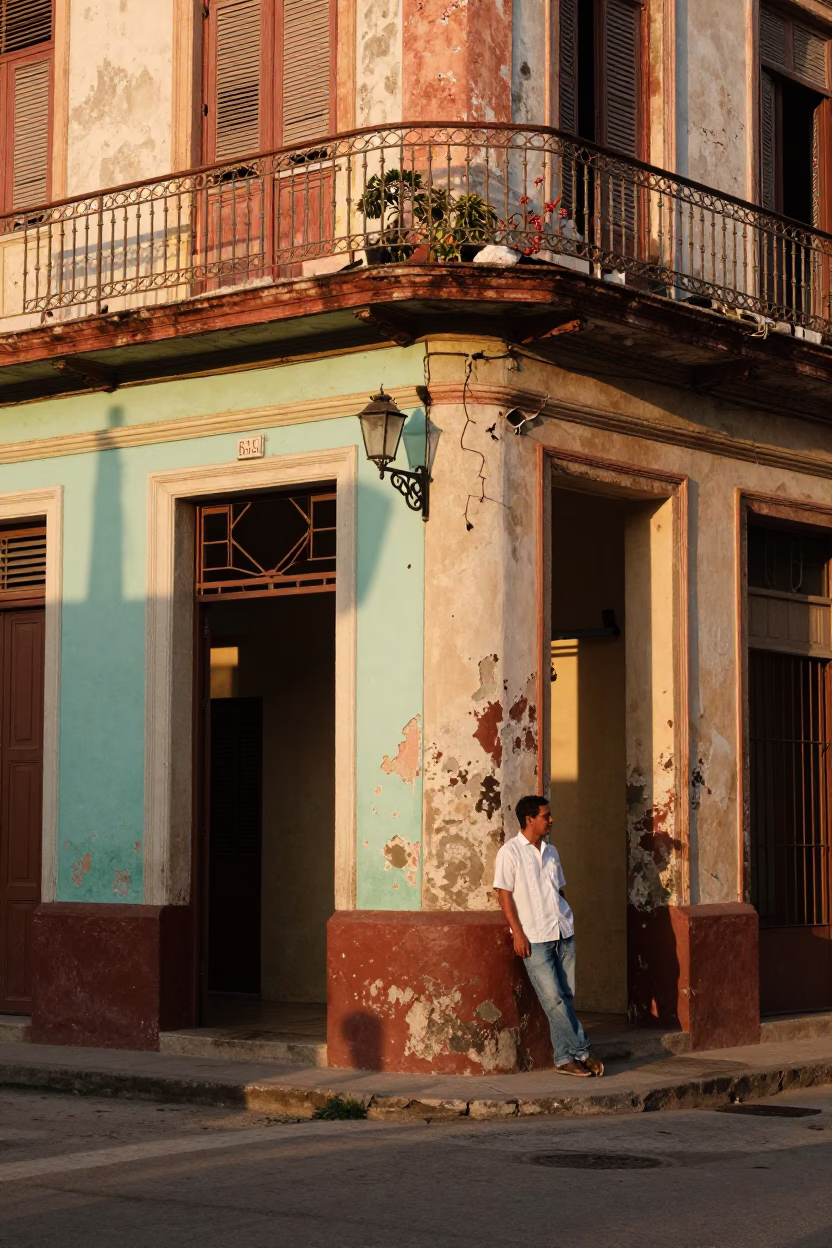 Havana Cuba street scene honeyed evening light colorful colonial architecture in in Havana, Cuba