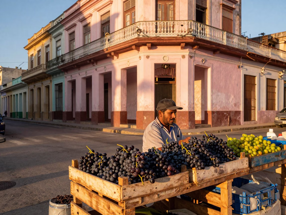 Havana Cuba Street Scene Honeyed Evening Light Local Market Grapes in in Havana, Cuba