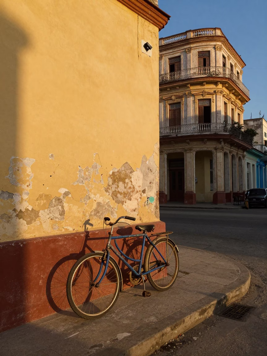 Havana Cuba Street Scene Honeyed Evening Light with Bicycle and Colonial Architecture in in Havana, Cuba
