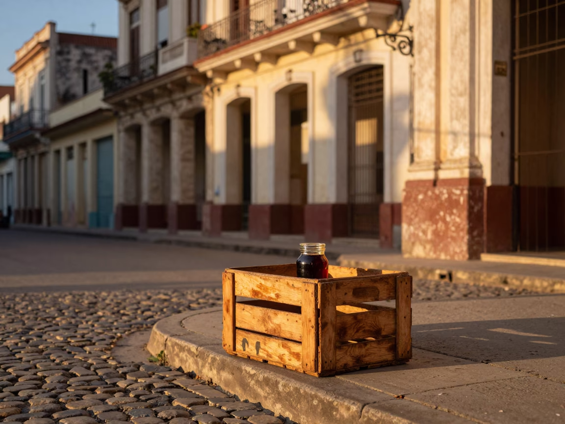 Havana Cuba Street Scene Honeyed Evening Light with Local Vendor Fruit Display in in Havana, Cuba